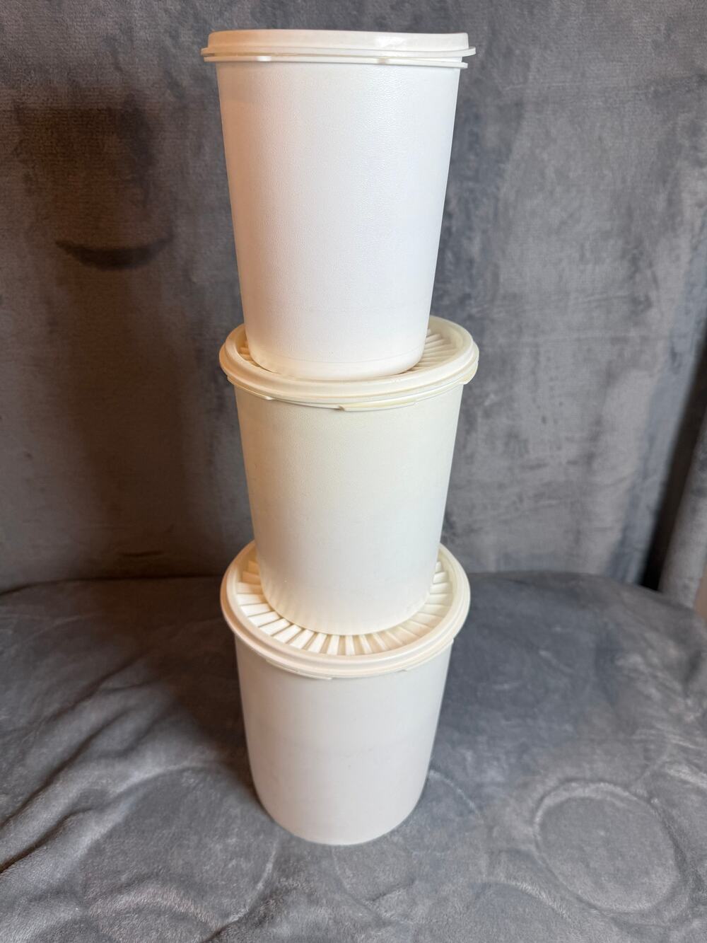 Vintage Tupperware Servalier Canister Set of 3 Ivory Sunburst Lids MCM